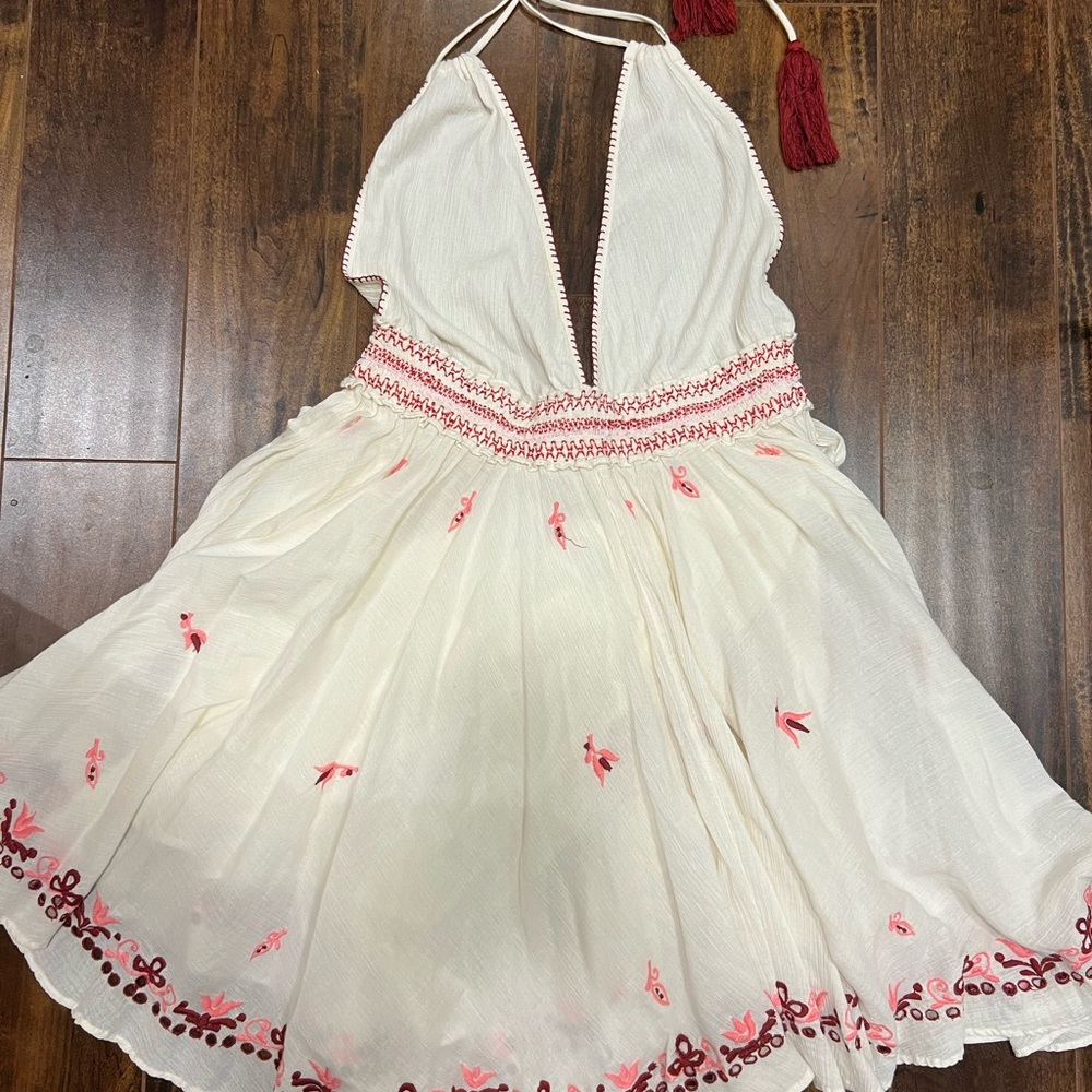 LoveShackFancy Cream Backless Halter Mini Dress with Pink Embroidery - Picture 3 of 12